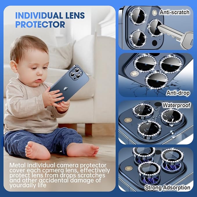 for iPhone 15 Pro/15 Pro Max Camera Lens Protector Diamond, Blue | Individual Metal, 9H Hardness, Scratch Resistant, Shockproof, Drop Protection, Case Friendly, Stylish Accessories - Image 3