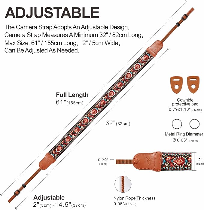 Padwa Lifestyle Red Vintage Embroidered Camera Strap - 2" Wide Cowhide Head Camera Straps,Pure Cotton Woven Adjustable Shoulder & Neck Strap for All DSLR Cameras,Great Gift for Men&Women Photographers - Image 5