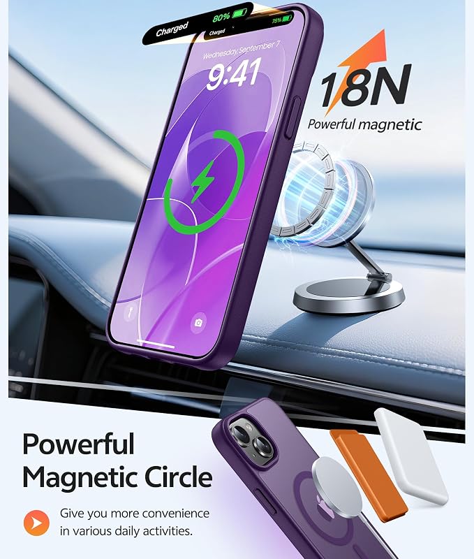 FNTCASE for iPhone 15/14 Plus Case, Fit for Magsafe, Screen Protector | Translucent Matte Magnetic Back, 14FT Military Grade Drop Protection, Shockproof Protective Phone Cover, Purple - Image 3