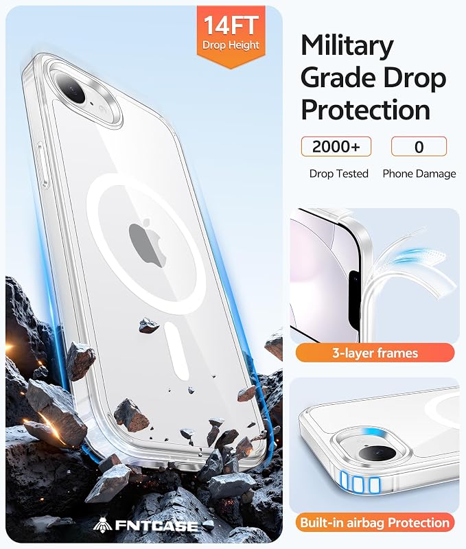 FNTCASE for iPhone 17e/ iPhone 16e Case, Fit for Magsafe, Screen Protector | Anti Yellowing Magnetic Back, 14FT Military Grade Drop Protection, Shockproof Protective Phone Cover, Transparent - Image 5