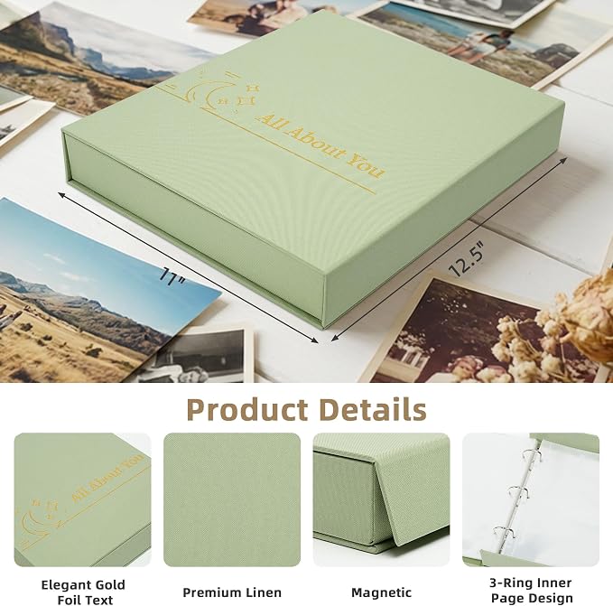 4x6 Photo Storage Box with 3-Ring Slip-In Album, Linen Binder Organizer with Gold Foil Cover, Holds 310 Photos with Blank Memo Cards for Memories & Keepsakes, Light Green - Image 3