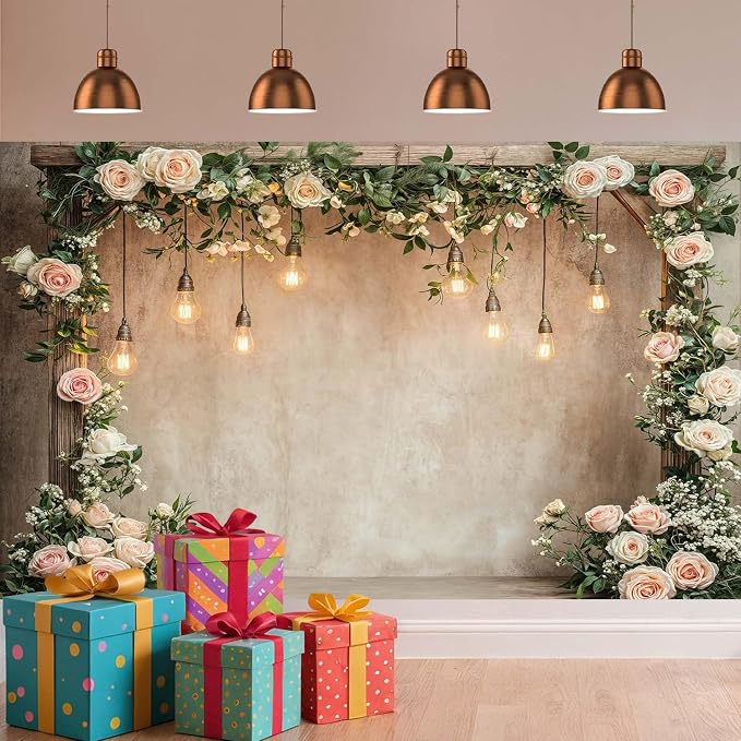 8x6ft Country Wedding Photography Backdrop Floral Rustic Roses Farmhouse Wooden Door Backdrop Pink Flower Birthday Baby Shower Wedding Bridal Party Banner Photo Booth Props Anniversary Background - Image 3