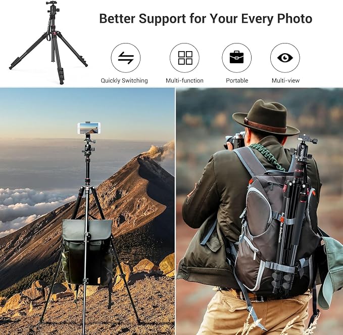 SmallRig CT-20 Camera Tripod, 78.7" Foldable Aluminum Tripod & Monopod, 360°Ball Head Detachable, Payload 33lb (200cm/78.7") - Image 7