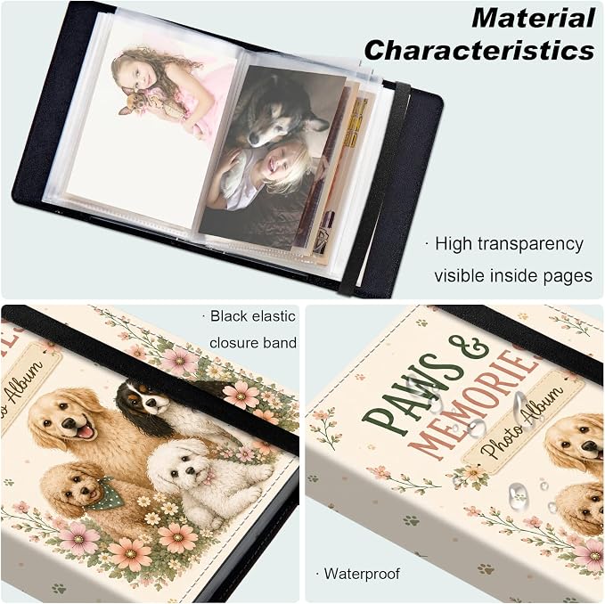 DEGDFSGR 5x7 Small Photo Album, 60 Pockets Holds 120 Photos | Slip-in pockets, black elastic band, portable for family, wedding, baby, travel photos, Cute Golden Retriever Wildflower - Image 5