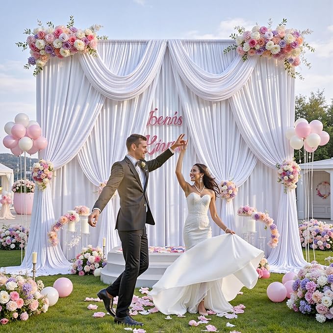 20 ft x 8 ft White Backdrop Curtain Drapes for Wedding Parties, 4 Panels 5 ft x 8 ft Wrinkle Free Polyester Photo Drapes for Birthday Party Baby Shower Backdrop Stand - Image 6