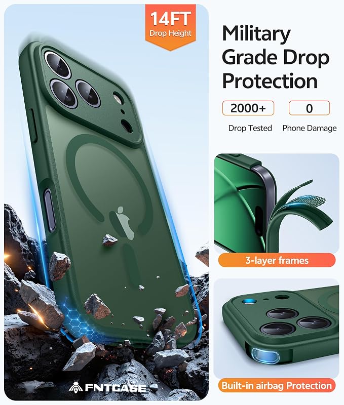 FNTCASE for iPhone 17 Pro Case, Fit for Magsafe, Screen Protector, Green | Full Camera Protection, Translucent Matte, 14FT Military Grade Drop Proof, Shockproof Protective Phone Cover - Image 5