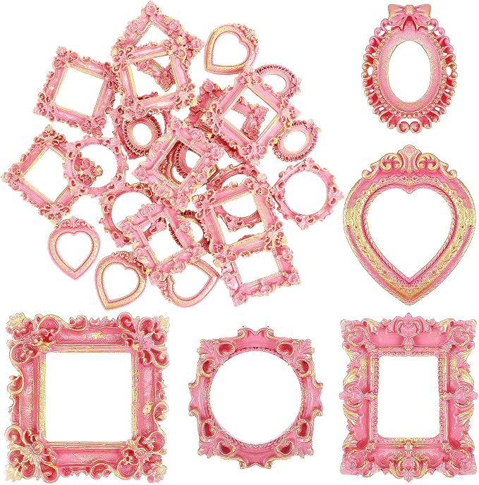 Vicenpal 25 Pcs Pink Gold Mini Vintage Picture Frames Bulk | Small Vintage Photo Frames, Antique, Resin, Baroque, Ornate, Cute Wallet Size, for DIY Jewelry Gifts Christmas Wedding Decor by Vicenpal