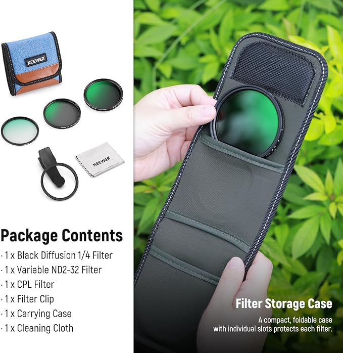 NEEWER 67mm Variable ND Filter Set Compatible with Android, 3 Pack Clip On CPL + ND2-32 + Black Diffusion 1/4 Filter for Mist Cinematic Effect Photography Accessories Kit, FL-B38 - Image 9