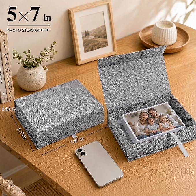 Vienrose Small Photo Storage Box, 5"x7", Linen Postcard Keeper, Gray | 1Pc Sturdy Linen Cover Box for Photos, Postcards & Sticker Storage, Perfect for Home, Office, Craft Room, and Travel - Image 2
