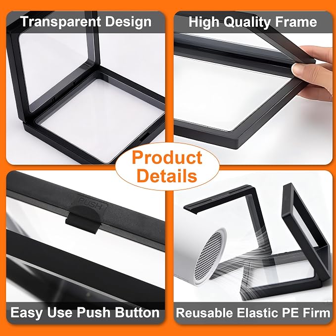 20Pcs 3D Floating Frame Display Case with Stands,3D Challenge Coin Display Clear Case for Jewelry Storage,Pin, Military Medals, Specimens,Black - Image 8