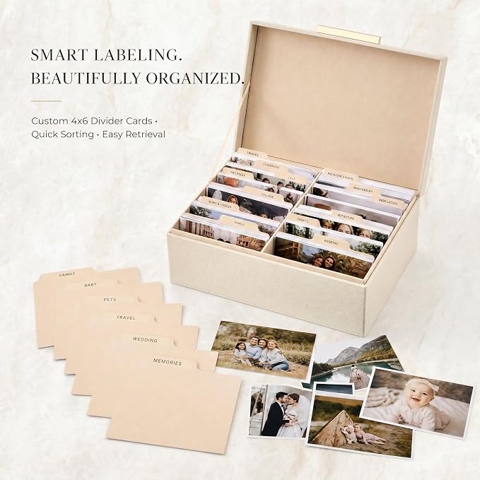 Decorative Photo Storage Box - PU Leather Organizer for 1200 4x6 Photos | Sturdy Scrapbook Storage Containers with Dividers and Lid - Portable Box Safely Stores Your Pictures - Image 4