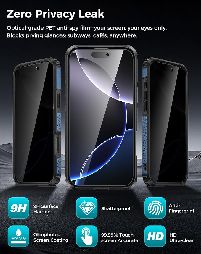 Goton 3 in 1 for iPhone 16 Pro Case with Privacy Screen Protector Blue | Glass Camera Lens Protector,Compatible for MagSafe,Invisible Kickstand, Shockproof Phone Cover for iPhone 16Pro - Image 5