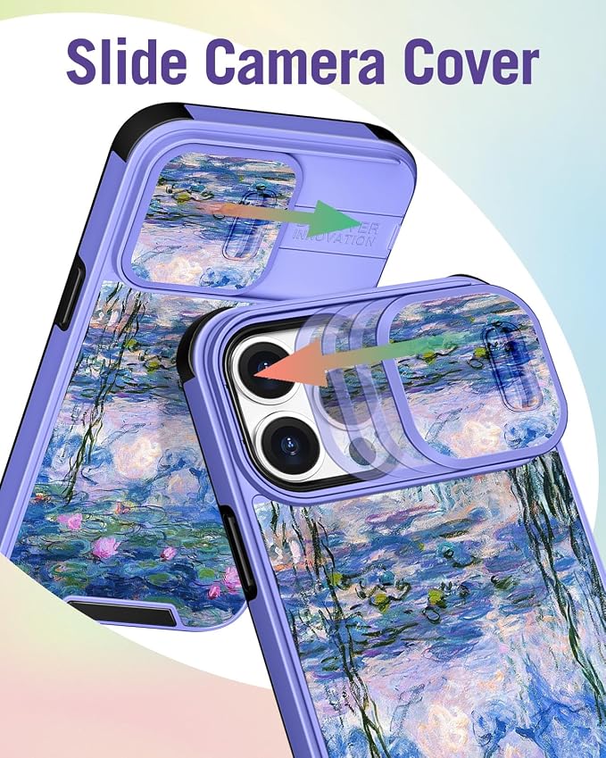 Buleens for iPhone 14 Pro Case 6.1 Inch - with Ring Stand & Camera Cover Aesthetic Cute Designed for Women Girls Girly Pretty Blue Water Lily for Phone Case for iPhone 14 Pro Compatible with Magsafe - Image 3