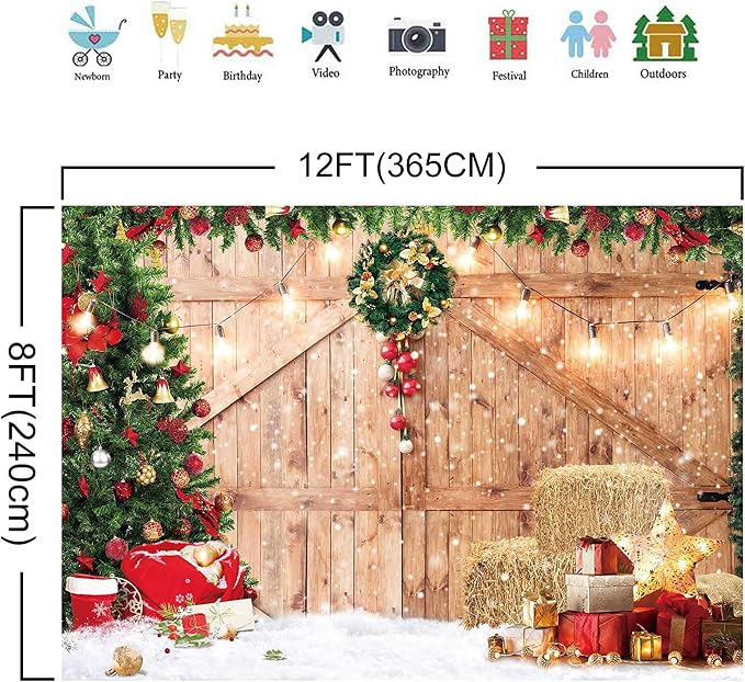 Christmas Backdrop Soft Fabric Rustic Barn Wood Door Backdrop for Photography Xmas Tree Snow Wall Floor Party Photo Background Family Banner Decorations Studio Prop Pictures(12x8ft) - Image 3