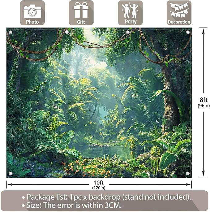 Fabric 10x8ft Jungle Forest Photography Backdrop Rainforest Banner | Tropical Natural Scenery River Background, Summer Adventure Party Decorations, Kids Adult Photo Props, Polyester, Grommets - Image 3