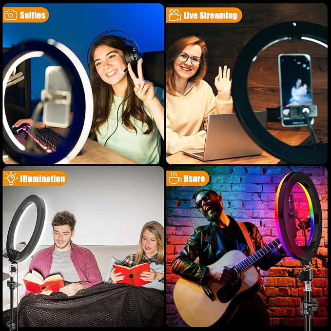 10.3" Selfie Ring Light with 73" Tripod Stand Phone iPad Holder-51 RGB Mode | Wireless Remote Circle Halo Light for iPhone, 12 Dimming Levels LED Ringlight with Stand for Makeup/Live Stream/Photo/TikTok - Image 8