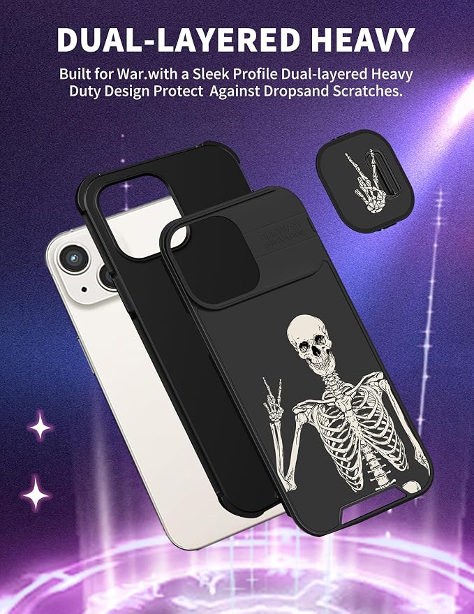 (2in1 for iPhone 15 Plus Case Skull Skeleton for Women Cute Cover Boys Gothic Spooky Funny Cool Black Design with Slide Camera Cover protective Stand Holder for iPhone 15 Plus Phone Case 6.7'' - Image 5
