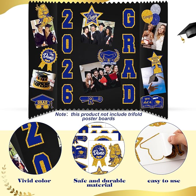 Glenmal Blue Gold Graduation Photo Display Board Sticker Class of 2026 Picture Display Stickers Accessories for 2026 Grad Party College Board Photo Frame Decor (12x9inch,3.9x4.7inch) - Image 3