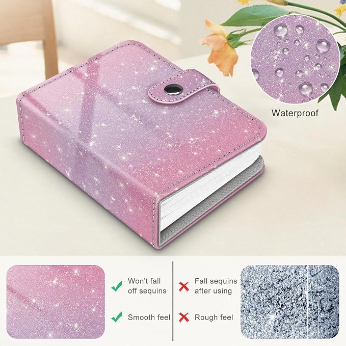 Fintie Mini Photos Album Book for 2x3 Inch Films - 52 Pockets Small Albums | For Fujifilm Instax Mini, Polaroid Hi-Print Pictures, Portable Kpop Photocard Holder, Travel Memory Book, Glitter Purple/Pink - Image 4