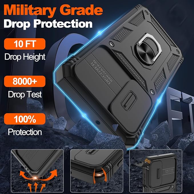 for Samsung Galaxy A06 Phone Case with 2PCS Screen Protector, Build in 360° Rotating Ring Kickstand, Military Grade Protective Case for Samsung A06 Phone, Black - Image 2