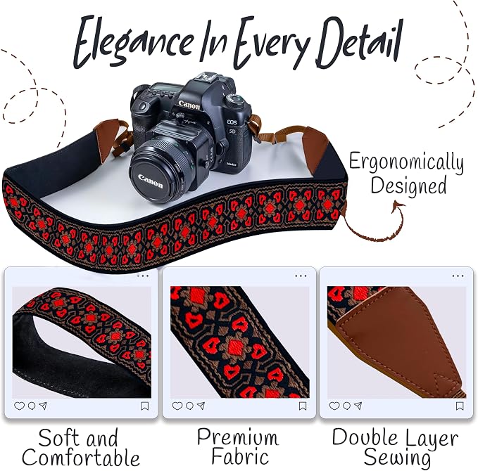 Art Tribute Camera Strap - Shoulder, Crossbody & Neck Camera Strap for Photographers, Fits All Cameras, Canon Nikon Sony Fujifilm, Padded Strap W/Quick Release, Embroidered Cotton & Leather Ends - Image 3