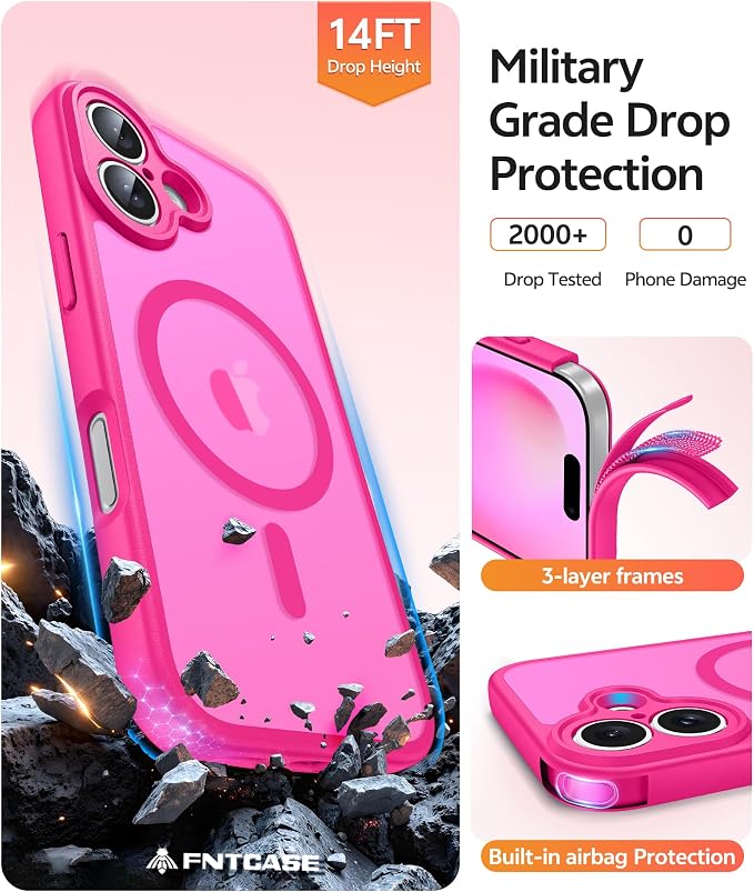 FNTCASE for iPhone 16 Plus Case, Fit for Magsafe, Screen Protector Hot Pink | Full Camera Protection, Translucent Matte, 14FT Military Grade Drop Proof, Shockproof Protective Phone Cover, Hot Pink - Image 5
