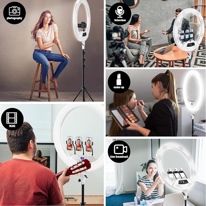 MACTREM White 22" Ring Light for iPad iPhone with 75" Tripod Stand Barber | LCDisplay,2 Usb Ports, Fits Ipad/Tablet 12.9", 2600k-6500k Color Temperature, For Barber/Tattoo Tiktok Video Recording Vlog - Image 5