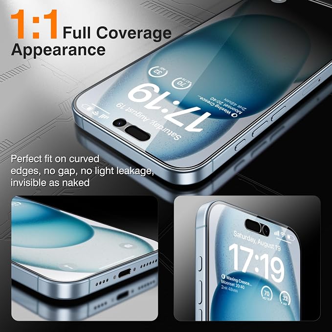 EZ-GLAZ-4+2 Pack for iPhone 15 Plus Privacy Screen Protector (6.7") | 2-Pack Lens Protectors, Alignment Kit, Easy Installation, 9H+ Tempered Glass, Scratch Resistant, 28° Privacy Protection - Image 6