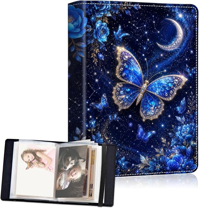 Small Photo Album 4x6, 60 Pockets Holds 120 Photos, Slip-in Pocket Photo Storage Book with Black Elastic Band for Family Wedding Baby Travel Pictures, Blue Starry Diamond Butterfly by Unknown