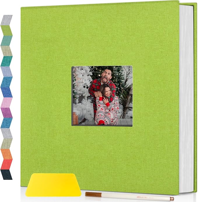 Popotop Photo Album Self Adhesive with Picture Display Window,60 Pages DIY Scrapbooking Supplies Kit for 4x6 10x12 Picture,Linen Cover Memory Book for Baby Wedding, with Scraper and Metallic Pen by Popotop