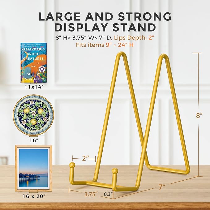 TR-LIFE 8 Inch Large Plate Stands for Display - Metal Plate Holder Display Stand + Frame Holder Stand for Picture, Decorative Plate, Platter, Plaques, Book, Photo Easel Tabletop (Gold 2 Pack) - Image 3
