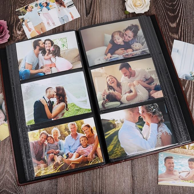 RECUTMS 300 Pocket Photo Album 4x6 PU Leather Cover Baby Photo Book Brown | Black Pages, Horizontal Pockets, Small Album for Wedding, Personalized Christmas Anniversary Picture Book, DIY Cover Window - Image 5