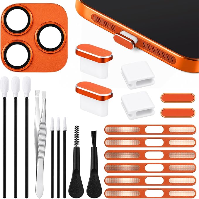 Tellegloww 22 Pcs Phone Cleaning and Protection Kit compatible with 17 Pro/17 Pro Max, Speaker Dust Mesh, Type C Port Cover, Camera Lens Protector, Camera Button Cover, Brushes and Tools Set(Orange) by Tellegloww