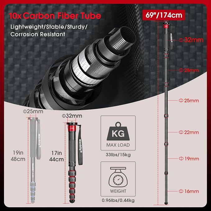 Camera Monopod, C-666L 32mm Tube Carbon Fiber Monopod with Walking Stick Handle, Portable Compact Lightweight for DSLR Cameras Canon Sony Nikon Travel - Image 3