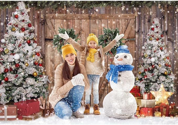 8x6FT Polyester Fabric Winter Christmas Rustic Barn Wood Door Photography Backdrop Xmas Tree Snow Background Banner for Family Holiday Party Decoration Supplies Photo Studio Props Pictures - Image 3