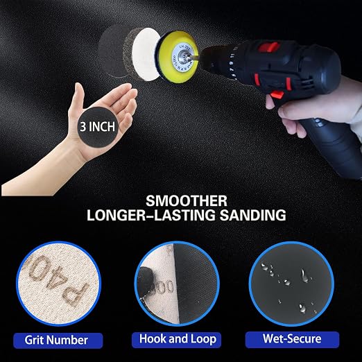 133 PCS Sanding Disc Drill Polishing Kit Sanding Attachment, 3 Inch Wet Dry Headlight Restoration Kit, Hook and Loop Sandpaper Buffing Pads with Rotary Tools for Car Wood Metal Glass Resin Expoxy - Image 9