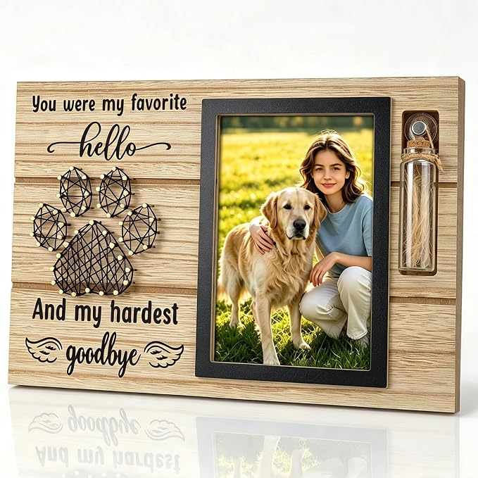 Pets Memorial Keepsake Picture Frame Wooden 4x6 Pets Dog Cat Memorial Picture Frame with Pet Paw String Arts, Sympathy Gift for Pet Owners Loss of Dogs Cats Keepsake Photo Display by Aosemili