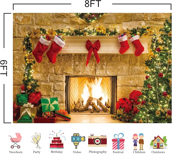 8x6ft Christmas Fireplace Theme Backdrop for Photography | PolyesFabric-Tree Sock Decorations,Xmas Party Supplies,Studio Decor Booth Props,Photo Background Pictures,Wrinkle Free - Image 5
