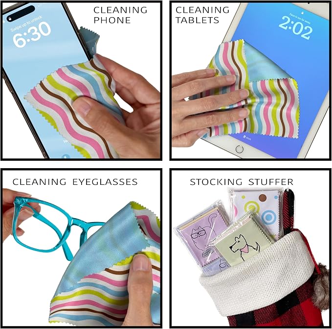 10 Pack Cute Geo-Design Multicolor Microfiber Cleaning Cloths for Cleaning Lenses, Eyeglasses, Sunglasses and Cell Phone, Beautifully Designed in Pastel Colors Blue, Pink, Green and White Cloth Wipes. - Image 3
