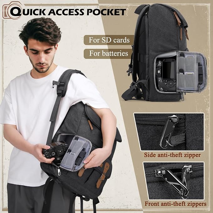 RAINSMORE Camera Backpack, DSLR SLR Mirrorless Camera Bag for Photographer | 15.6 Inch Vintage Canvas Camera Case with Laptop Compartment & Tripod Holder & Rain Cover for Sony Canon Nikon Fujifilm Black - Image 4