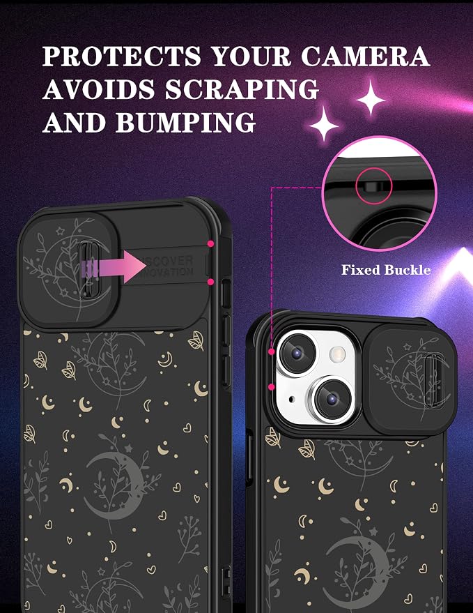 (2in1 for iPhone 12 Case Moon Plants for Women Cute Phone Cover Flower Heart Stars Space Design with Slide Camera Cover Protective Fashion Black Cases for iPhone12 6.1'' - Image 3