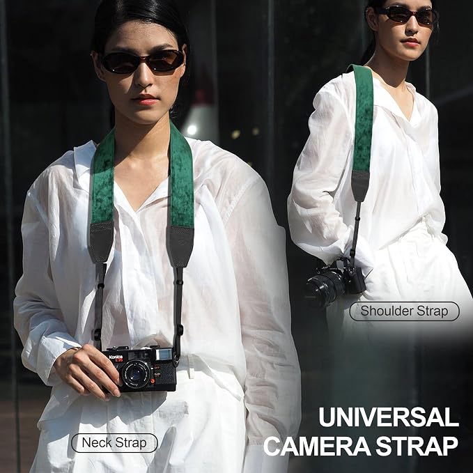 Padwa Lifestyle Green Velvet Camera Strap - 2" Double Layer Full Grain Cowhide Leather Head Camera Straps for Photographers,Unique Soft Velvet Fabric with Quick Release fits all Cameras - Image 2