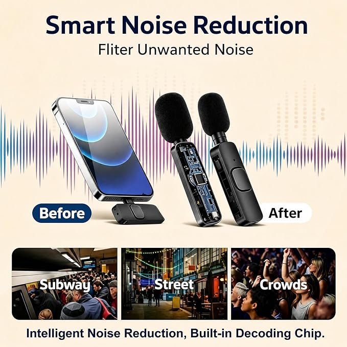 Wireless Lavalier Microphone for iPhone Android, 2Pcs Mini Mic, Plug & Play | Noise Cancelling, 64dB Adaptive, 0.35oz Featherweight, 65ft Range, 6H Battery, for Content Creators Vlogging, YouTube, TikTok - Image 4