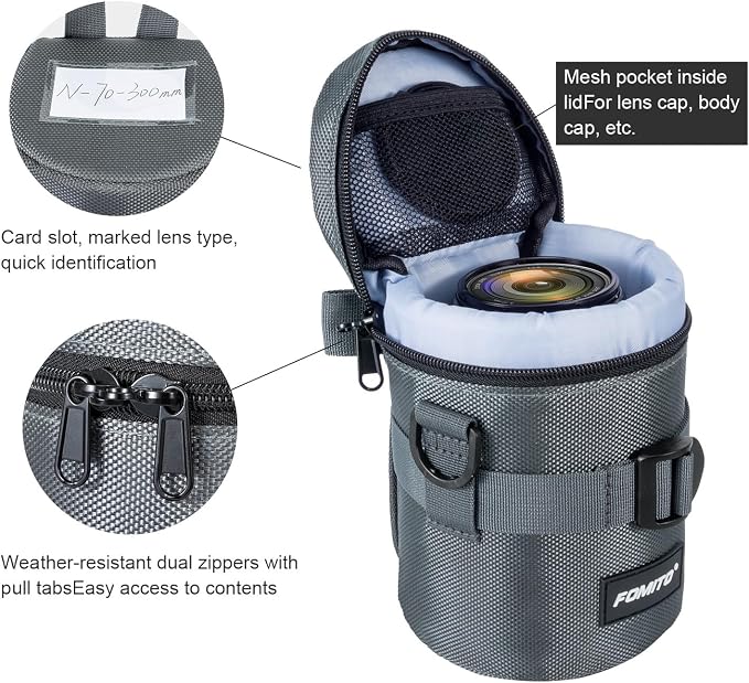 FOMITO Camera Lens Case Pouch Bag for Canon EF-S 17-55mm/17-85mm,EF 35mm f2, Nikon AF-S 18-200mm/18-105mm/18-300mm, Fujifilm XF 56mm f1.2 R & More Lens Below 3.94" x 6.1"(D x L) - Grey M size - Image 6