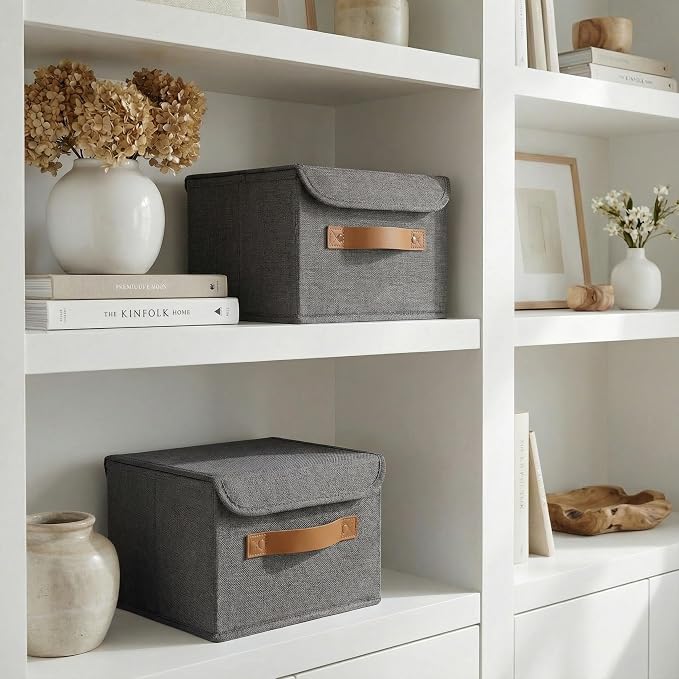 Decorative Linen Storage Boxes with Lids - Spacious Set of 2 Organizer Bins | The Perfect Small Container for Home Decor - Safely Store Photos, Documents and Memory Box Keepsakes in Style - Image 8
