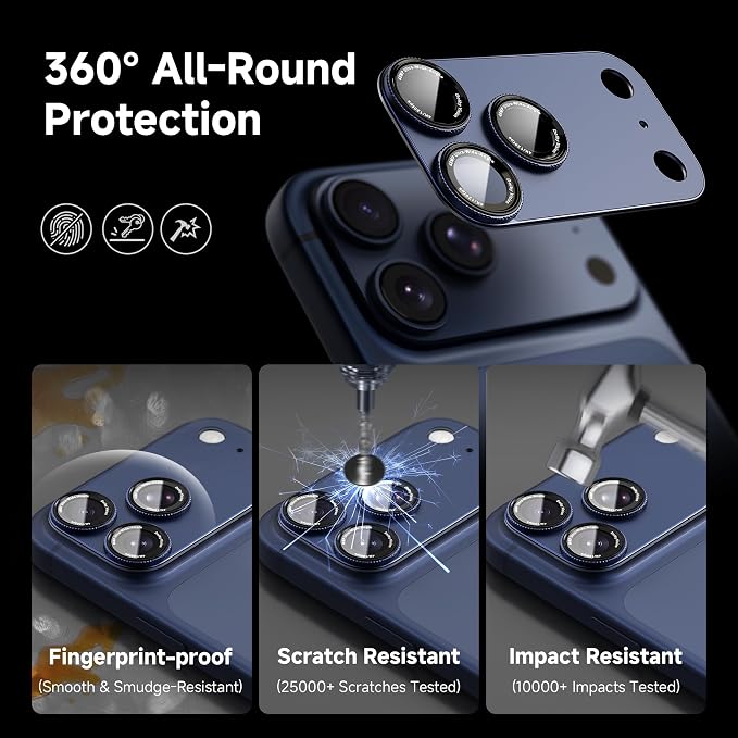 CACOE Metal Camera Lens Protector for iPhone 17 Pro Max | 9H Tempered Glass, Aluminum Frame, HD Clarity, Scratch-Resistant, Camera Screen Protector Cover Accessories, Dark Blue - Image 6