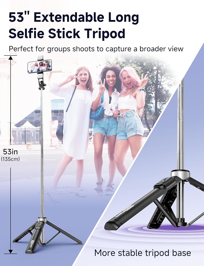 53'' Selfie Stick Tripod with Light, Extendable Selfie Stick with Remote, Portable Cell Phone Tripod Stand with All in 1 Phone Clip, Lightweight Camera Tripod Compatible with iPhone 17 16 15, Android - Image 3