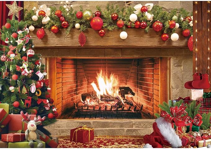 8x6ft Polyester Fabric Christmas Fireplace Backdrop Vintage Xmas Tree Sock Background Photography for Kids Portrait Party Decorations Photo Studio Booth Props Decor Supplies by Msocio