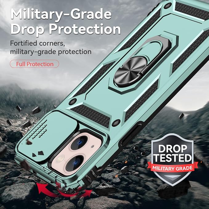 HNHYGETE for iPhone 13 Case with HD Screen Protector: [Military Grade 20ft. Drop Tested] Slide Camera Cover Ring Shockproof Protective Phone Case for - iPhone 13 (Dark Green) - Image 3