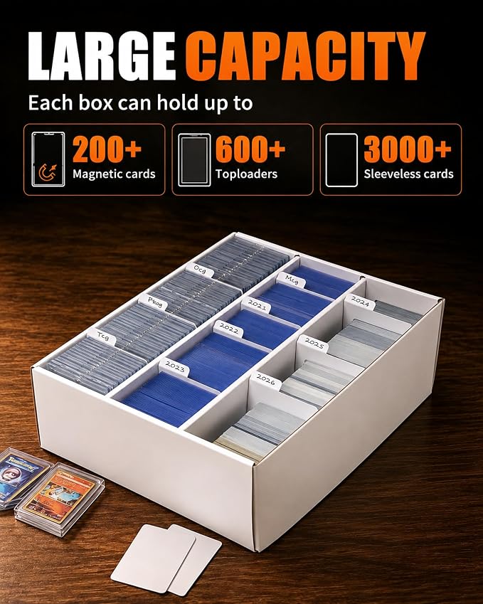 QINGUANG 6 Pack Trading Card Toploader Storage Box Cardboard 3 Rows | for MTG/TCG/PTCG Sports Card Colletion | with Dividers | Holds 3000+ Raw Cards | 600+Toploader | 200+ Magnetic Holders - Image 3
